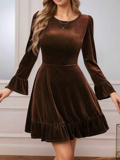 Elegant Velvet A-Line Mini Dress, Ruffle Hem, Long Sleeve, Round Neck, Suitable For Party