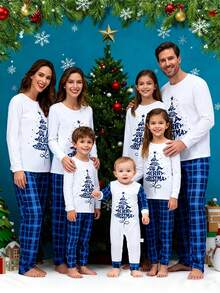 Family Matching Christmas Pajamas Set Letter Tree Print Holiday Pajamas Plaid Sleepwear Soft Loungewear