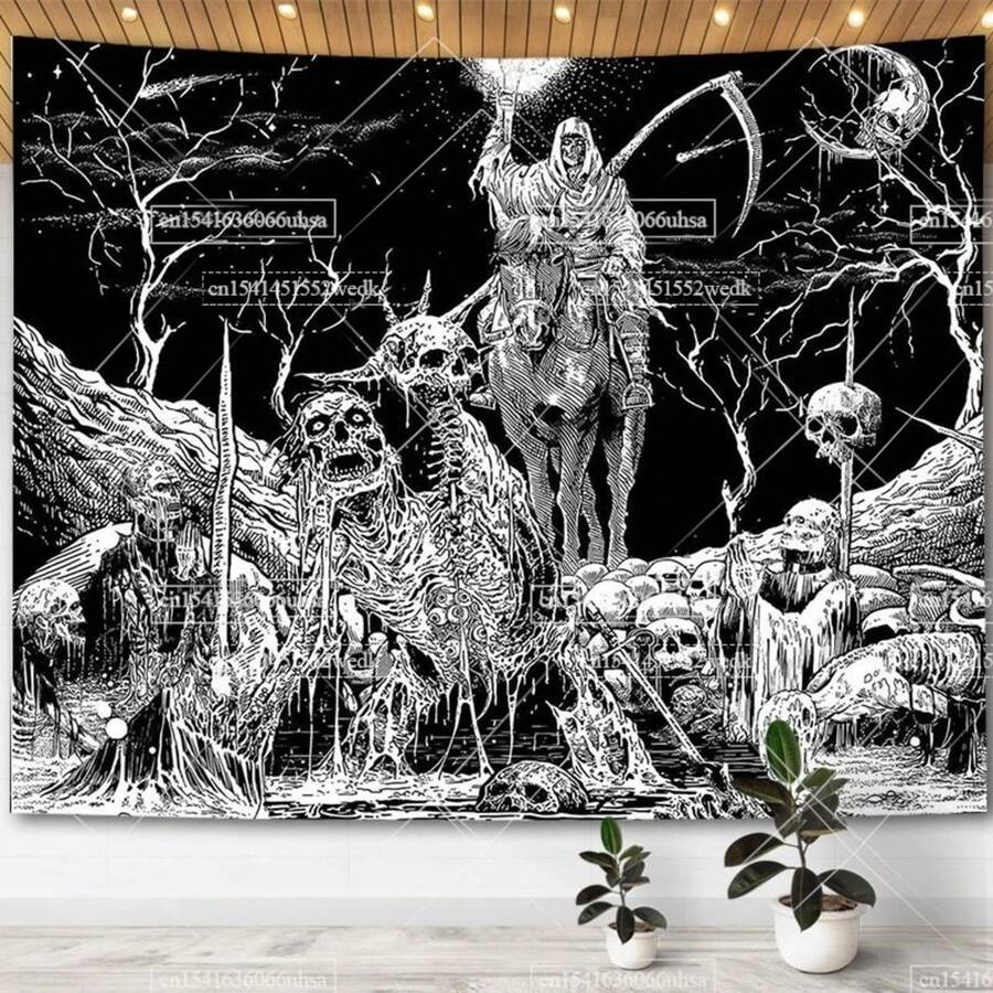 Black And White Skull Tapestry Moon Gothic Skeleton Tapestry Hippie Mandala Floral Tapestries For Bedroom Aesthetic Decor PosterBirthday Valentine's Day Gifts - Main Image Style - View 1