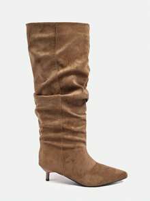 Fall/Winter 2025 New Kitten Heel Pleated Thigh High Boots, Pointed Toe Over The Knee Tall Vintage Riding Boots - Khaki - View 5