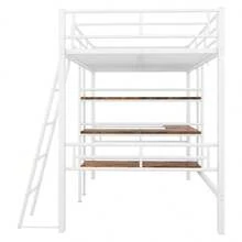 High Bed, 90*200cm, Without Mattress, Bed With Desk, Multiple Shelves, Railing, Ladder, Iron Frame, Black - 白色 + 金屬 + 90厘米*200厘米 - 查看 2