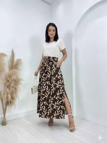 Steve Store Women's Fashion Skirt In Viscose Linen Fabric With Lining, Elastic Waistband, Pockets And Side Slits. - màu nâu - Xem 1
