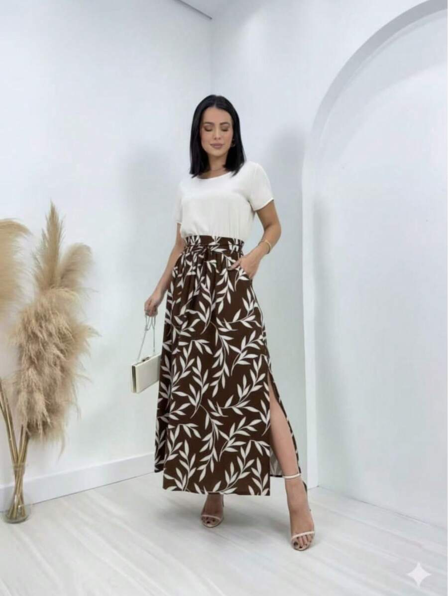 Steve Store Women's Fashion Skirt In Viscose Linen Fabric With Lining, Elastic Waistband, Pockets And Side Slits. - màu nâu - Xem 1