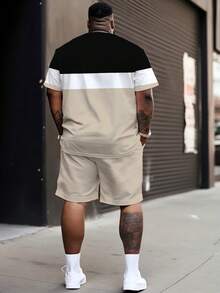 Men's Casual Street Style Sports Set - "Striped Plaid Heart K" Pattern Design, Polyester Knit Fabric, Round Neck, Drawstring Shorts, Pockets, Regular Fit, Suitable For Plus Size - Multicolor - View 2