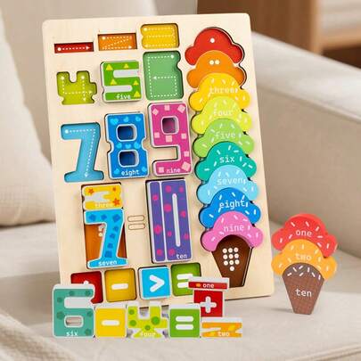 Preschool Ice Cream Digital Calculation Puzzle Early Education Calculation Board Game Parent-Child Interaction Matching Boys And Girls Toys Number Sense Cultivation Building Block Stacking Multiple Gameplay Children's Wooden Creative Digital Puzzle Hands-On And Brain Assembly Calculation Holiday Gifts