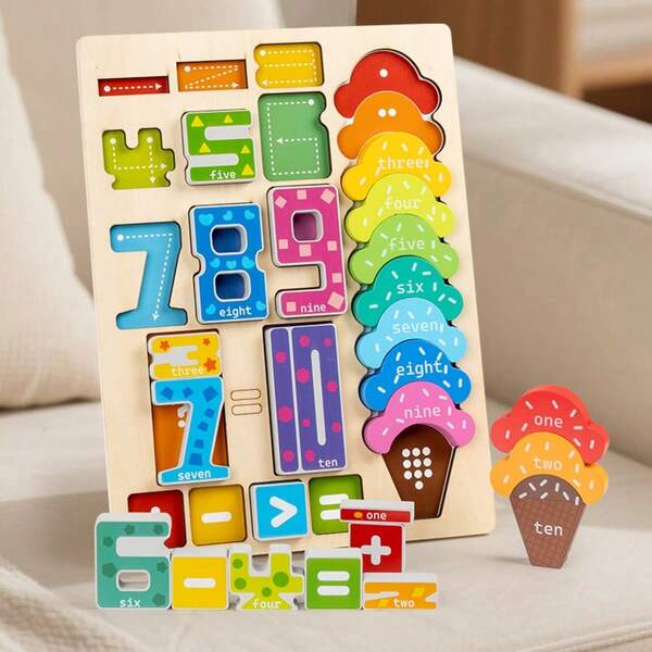 Preschool Ice Cream Digital Calculation Puzzle Early Education Calculation Board Game Parent-Child Interaction Matching Boys And Girls Toys Number Sense Cultivation Building Block Stacking Multiple Gameplay Children's Wooden Creative Digital Puzzle Hands-On And Brain Assembly Calculation Holiday Gifts