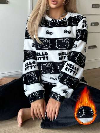 Sanrio Conjunto de pijama lindo de 2 piezas con blusa de cuello redondo de manga larga y pantalones de cintura elástica con diseño de Hello Kitty para mujer