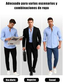 Camisa de manga larga de color azul sólido clásica para hombre, elegante de negocios casual caballerosa - Azul - Ver 7