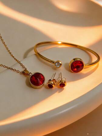 3件套时尚简约仿宝石几何耳环/手链/项链套装，不锈钢材质，旅行佳品，可调节开口设计，适合派对、送礼（材质）