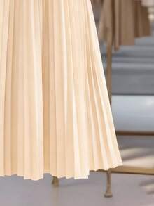 女士优雅褶裥连衣裙，纽扣腰身设计，长袖衬衫式连衣裙（不含腰带），适合秋冬季节穿着 - 杏色 - 查看 6