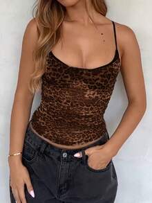 Onicee 女士夏季性感豹纹透视吊带背心，适合情人节、约会、聚会、派对、旅行、度假、海滩等场合。 - 棕色 - 查看 3