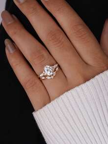 ESBERRY 2件套 925纯银 华丽闪亮十字椭圆锆石套装 女士结婚戒指 情人节礼物 订婚新娘首饰 - 橢圓鋯石套戒 - 查看 5