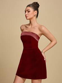 女士新款优雅浪漫无肩带黑色丝绒迷你连衣裙，适合婚礼季和派对；女士高腰A字连衣裙，适合与朋友享用早午餐、约会、情人节、生日等场合。 - 酒紅色 - 查看 5