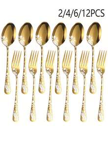 2/4/6/12件套不锈钢印花勺叉套装，适用于西餐、意面、沙拉、水果、蛋糕和甜点，适合家庭厨房、下午茶、婚礼派对、野餐等场合。 - 金色 - 查看 1