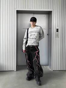 1件男女通用休闲宽松阔腿牛仔裤，美国街头服饰品牌设计（不含腰带和配饰） - 黑色 - 查看 4