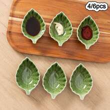 4/6个1.35盎司叶形陶瓷蘸酱碗，绿色叶子小碟，酱油碟，厨房装饰，迷你开胃菜碟，适用于盛放酱油、寿司、调味品和小吃 - 彩色 - 查看 1