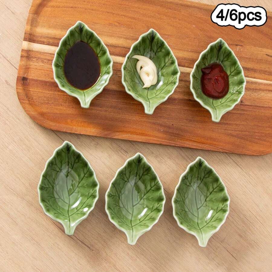 4/6个1.35盎司叶形陶瓷蘸酱碗，绿色叶子小碟，酱油碟，厨房装饰，迷你开胃菜碟，适用于盛放酱油、寿司、调味品和小吃 - 彩色 - 查看 1