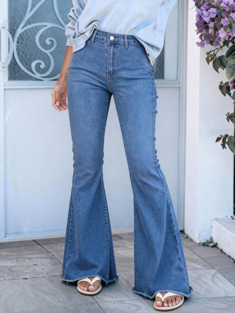 （棉混纺）女式复古膝盖破洞弹力喇叭牛仔裤 - 中等水洗藍 - 查看 1