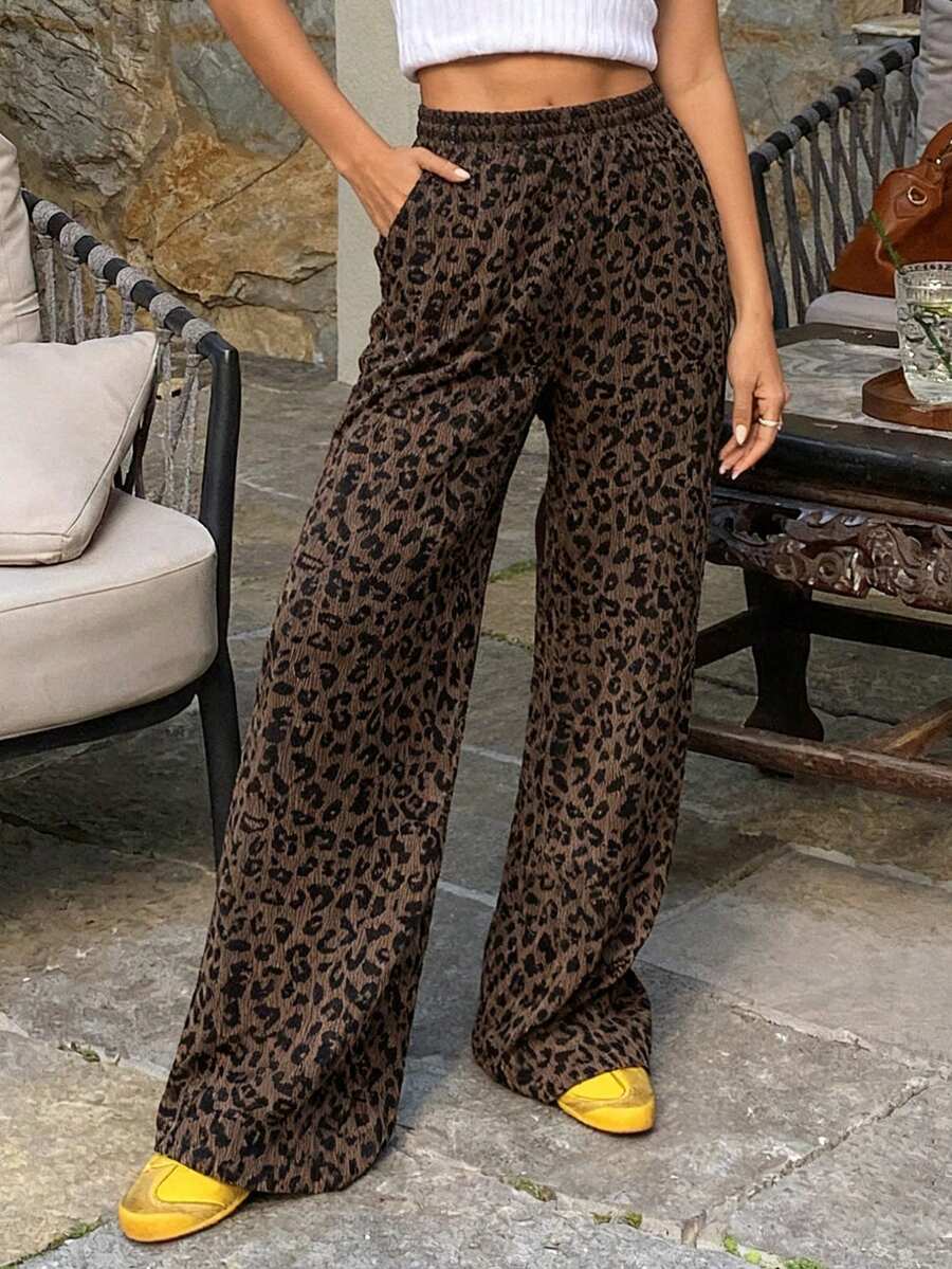 Livesso Leopard Print Elastic Waist Slant Pocket Straight Leg Pants - Coffee Brown - View 1
