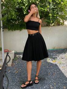 Women's Solid Color A-Line Pleated Skirt, Casual & Collegiate Style - Black - View 4