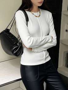 DAZY Women's Loose Business Casual Fashion Street Basic Long Sleeve T-Shirt, Patchwork Design, Autumn - White - View 2