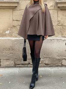 Damen Mode Lässig Poncho Stil locker Schal Dekor Strick Pullover Cardigan - Braun - Übersicht 2