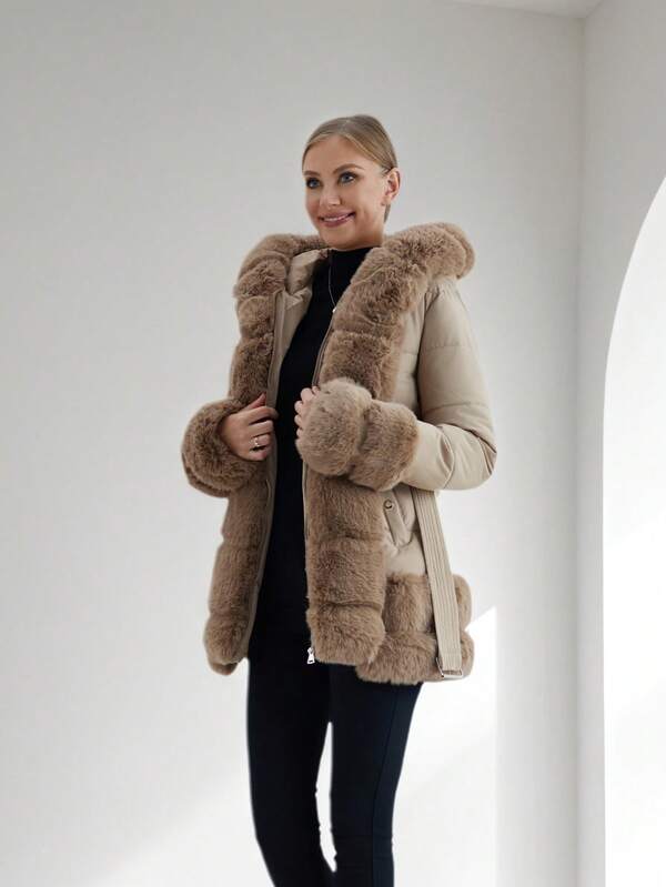 Women's Winter Jacket, Luxurious European Style With Faux Fur Trim And Belt, Waist Cinching Design To Flatter The Figure, Suitable For Daily Work, Dates, And Casual Outings