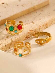 1 Set Rhinestone Inlaid Open Ring Set, Fashion Versatile Casual Suitable For Women's Daily, Party Wear Or Gift To Friends - Multicolor - View 2