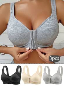 3-Piece Set Women's Solid Color Front Closure Cup Pad Bra|Simple Front Closure Padded Bra - Multicolor - View 1