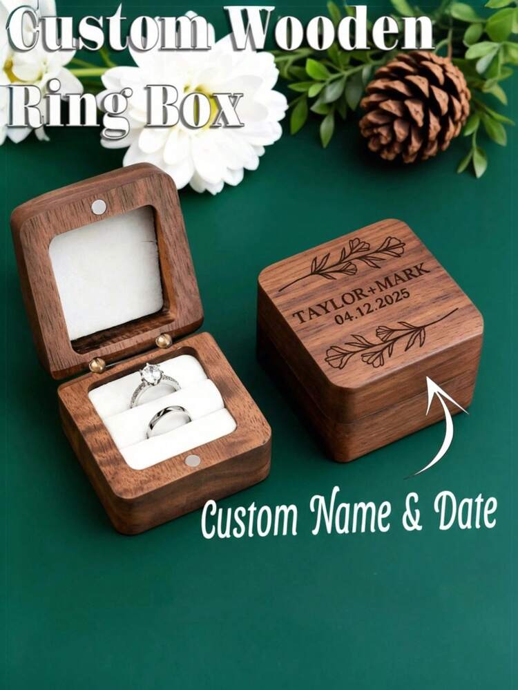 1 pieza Caja personalizada para anillos con 2 ranuras, Caja de anillos cuadrada de nogal, Caja personalizada para anillos de boda, Caja de anillos de compromiso tallada, Para anillos de boda, Caja de anillos de madera con grabado láser para propuesta, compromiso, aniversario, San Valentín, cumpleaños - Multicolor - Añade 4