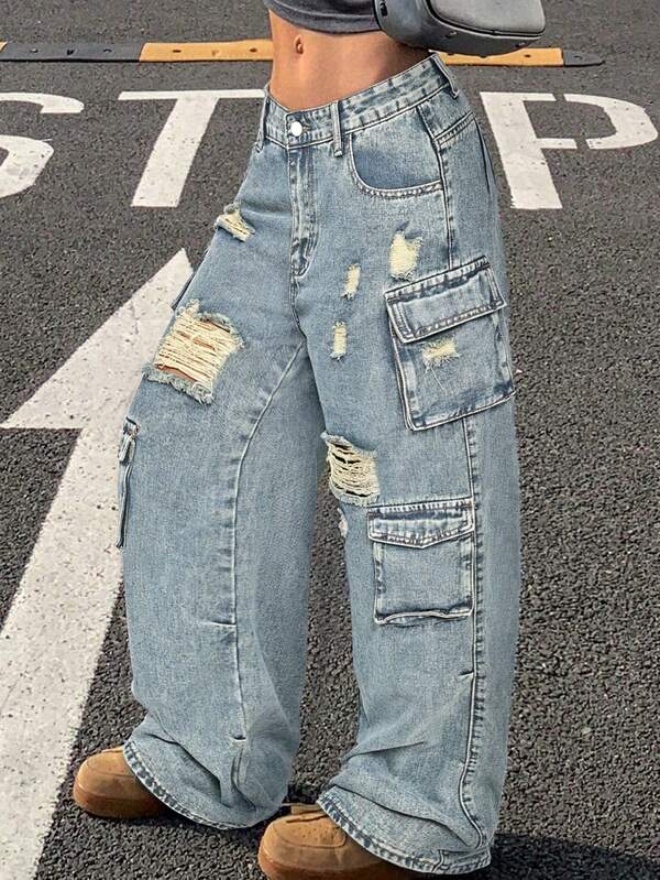 Loose Street Wide-Leg Women Baggy Jeans,Single Button Cut Out Ripped Frayed,Overall