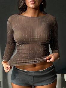 Plus Size Women's Fashionable Sexy Sparkling Rhinestone Sheer Fitted Elegant Versatile Long Sleeve Round Neck Top, Music Festival - Coffee Brown - View 2