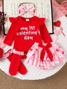 2件套女婴可爱爱心图案长袖连体衣+裤子+发带+腿套，秋冬款