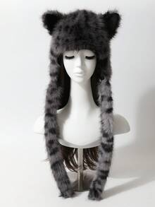 1 pieza Gorro de trampero de mujer con estampado de leopardo de piel sintética, gorro cálido y grueso con protección para las orejas, a prueba de viento, de felpa para otoño/invierno, ciclismo al aire libre, esquí, accesorio de moda diario