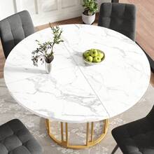 Round Dining Table (1 Piece), Kitchen Table, Breakfast Table, Metal Legs, Gold/Black Marble Pattern - Gold - View 9