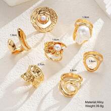 7/3pcs Asymmetrical Pearl Flower Rings, Geometric Shape, Tassel Effect, Hollow Round, Multi-Layer Metal Texture, Extra Large Size, Rugged Chic, Elegant Retro, Suitable For Festivals, Parties, Dates, Gifts, Daily Wear - Gold 1 - View 3