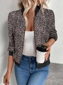 Keke Bloomly 圣诞女士轻薄长袖拉链休闲豹纹棒球夹克，时尚常规版型开衫 - 棕色 - 查看 1
