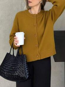 Knit Mix 优雅女士法式宽松针织开衫，适合圣诞节、感恩节、新年等节日，时尚长袖圆领毛衣，休闲纯色开衫，秋冬季必备。 - 深黃色 - 查看 5