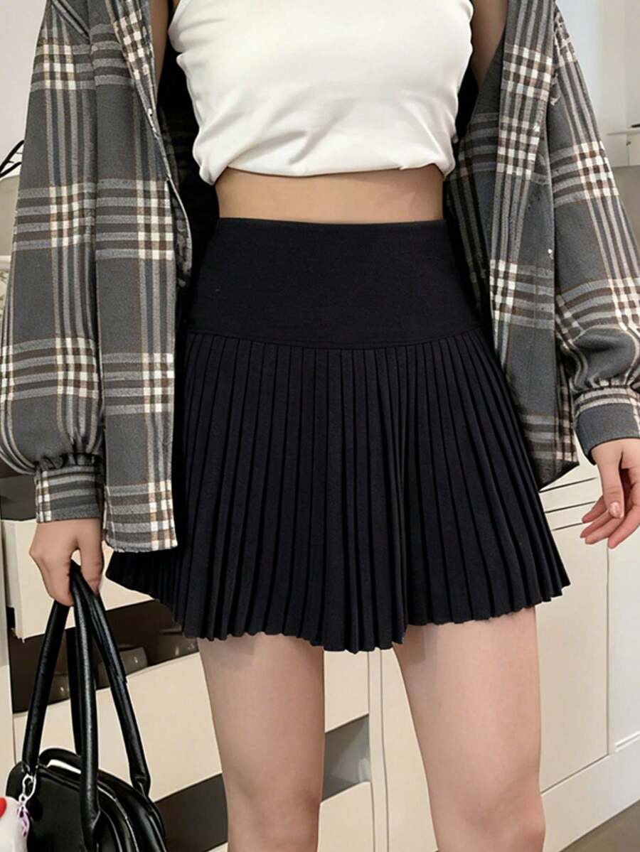 女士时尚百褶迷你裙，无弹羊毛面料，休闲A字及膝裙，适合秋冬季穿着 - 黑色 - 查看 1