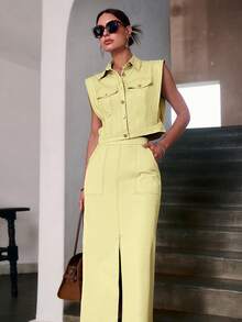 Sollinarry Women's Autumn New Sleeveless Top And Long Midi Skirt Casual 2 Pieces Set, Suitable For Vacation, Music Festival, Fashionable Commute Summer - Light Yellow - View 3