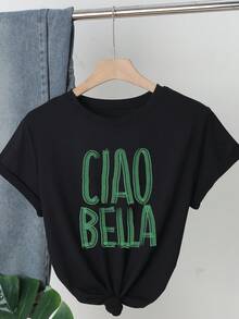 女士休闲 Ciao Bella 字母印花 T 恤，涤纶面料，圆领短袖设计，适合夏季旅行、度假和日常休闲穿着