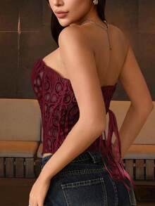 Yuwenier Elegant Mesh Hollow Semi-Transparent Waist Tie Back Boned Bustier Shapewear, Suitable For Outings, Valentine's Day Parties, Music Festivals Summer - Burgundy - View 2