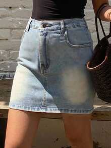 Livesso 女士牛仔短裙裤，带隐藏式前袋，休闲款，短裙裤 - 藍色 - 查看 2