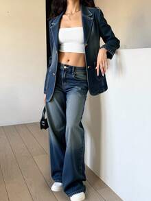 DAZY Women's Autumn Lapel Jacket And Loose Fit Jeans Set - Blue - View 3