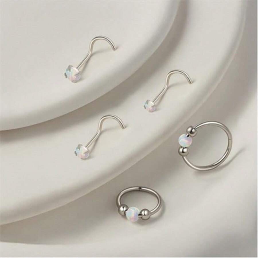 18G Opal Nose Ring, 8mm/10mm, Hypoallergenic 316L Surgical Stainless Steel - Suitable For Nostril/Septum Piercings And Cartilage Piercings, Unisex, Ideal For Everyday Wear, Promotes Healing, Designed For New Piercings, Comfortable To Wear, And Won't Interfere With Sleep. - AB Color - View 1