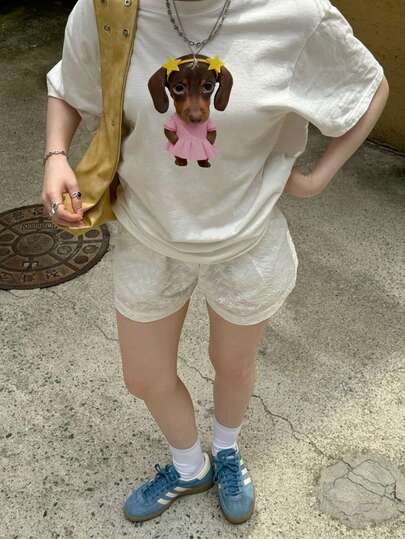Plus-Size Women's Summer Dress With Dachshund Print, Fun, Casual, Simple, Loose, Everyday Street Style, Round Neck, Short Sleeve, Plus-Size T-Shirt.