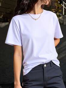 DAZY Solid Color Loose Fit Short Sleeves Base Women's T-Shirt With Round Neckline Summer - White - View 3