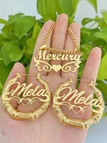 [ZzAi Custom]1 Set Double Layer 3D Necklace (Heart Shape Name Style) & Earrings Set, Stainless Steel Material, 18K Gold Plated, Comes With Exquisite Gift Box, Ideal Gift For Friends, Family, Valentine's Day And Mother's Day - Style 5-gold - View 3