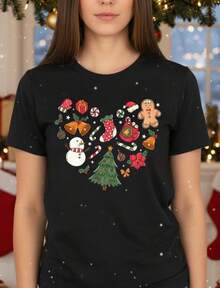 Christmas Heart Print T-Shirt Gingerbread Candy Cane Holiday Design - 黑色 - 查看 1