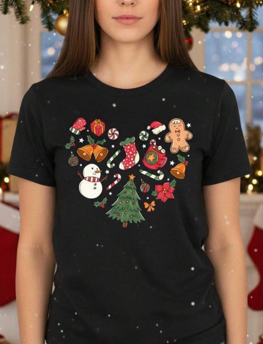 Christmas Heart Print T-Shirt Gingerbread Candy Cane Holiday Design - 黑色 - 查看 1